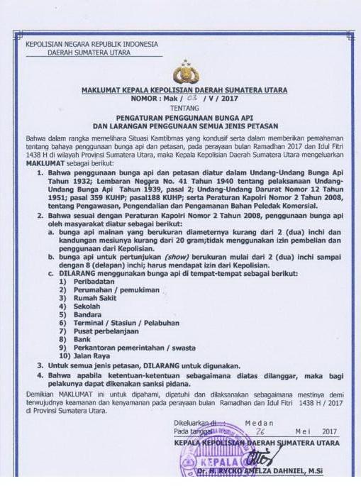 Foto: Kapolda Sumut Keluarkan Maklumat Larangan Penggunaan Semua Jenis Petasan.