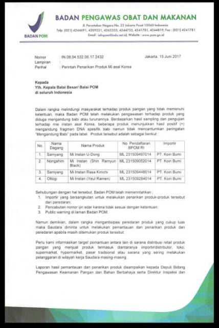 Surat BPOM/Istimewa