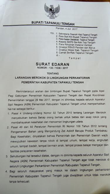 Bupati Tapteng Surat Edaran Larangan Merokok