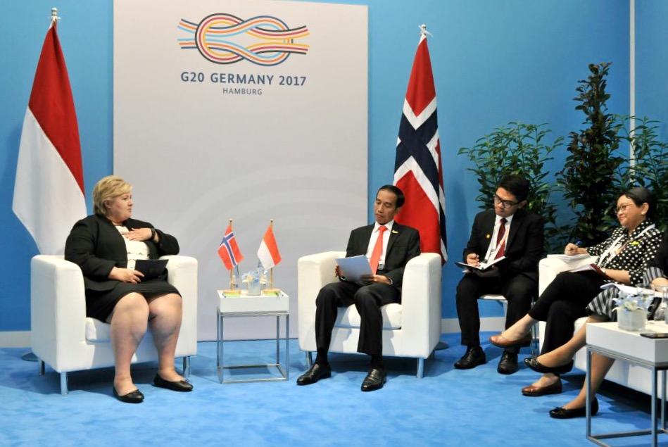 Pertemuan Bilateral Presiden Jokowi dan PM Erna Solberg di Hamburg Messe, Jerman, Sabtu (8/7) siang waktu setempat.