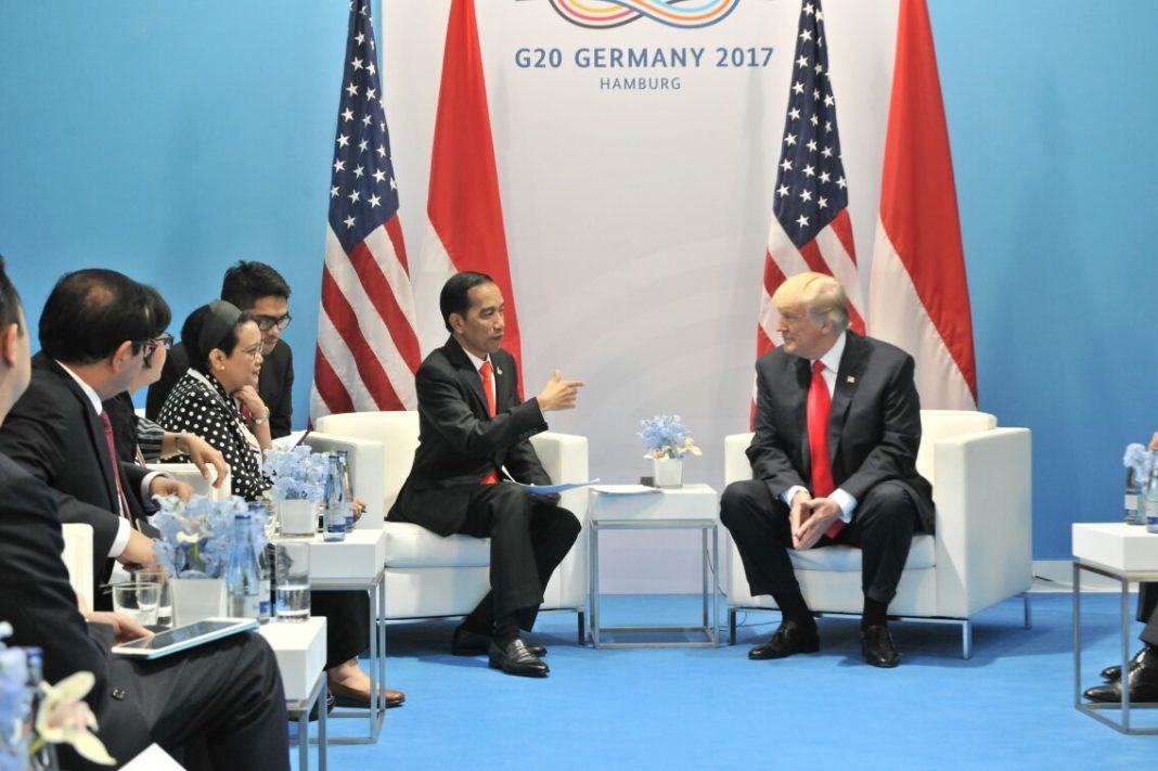Foto: Pertemuan Bilateral Presiden Jokowi dengan Presiden Trump, di Hamburg Messe, Sabtu (8/7) siang waktu setempat.