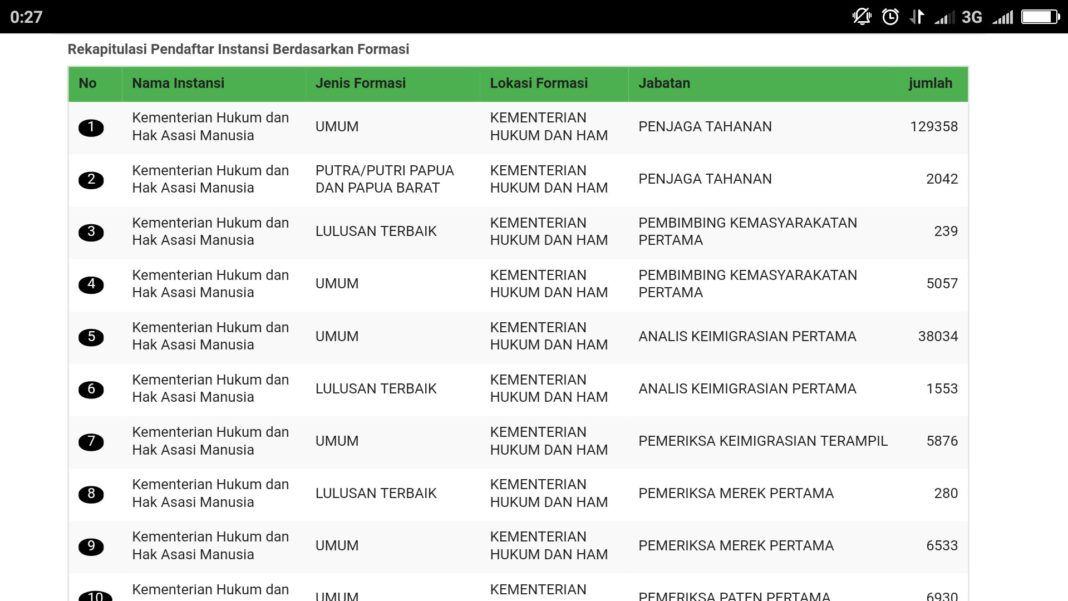 Foto: Rekapitulasi pendaftar instansi berdasarkan formasi.