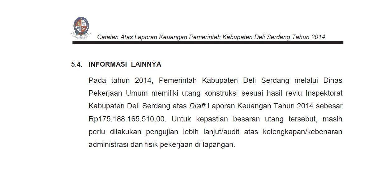 GDSM Deli Serdang, BPK RI Temukan Hutang Pemkab Kepada Rekanan Swakelola