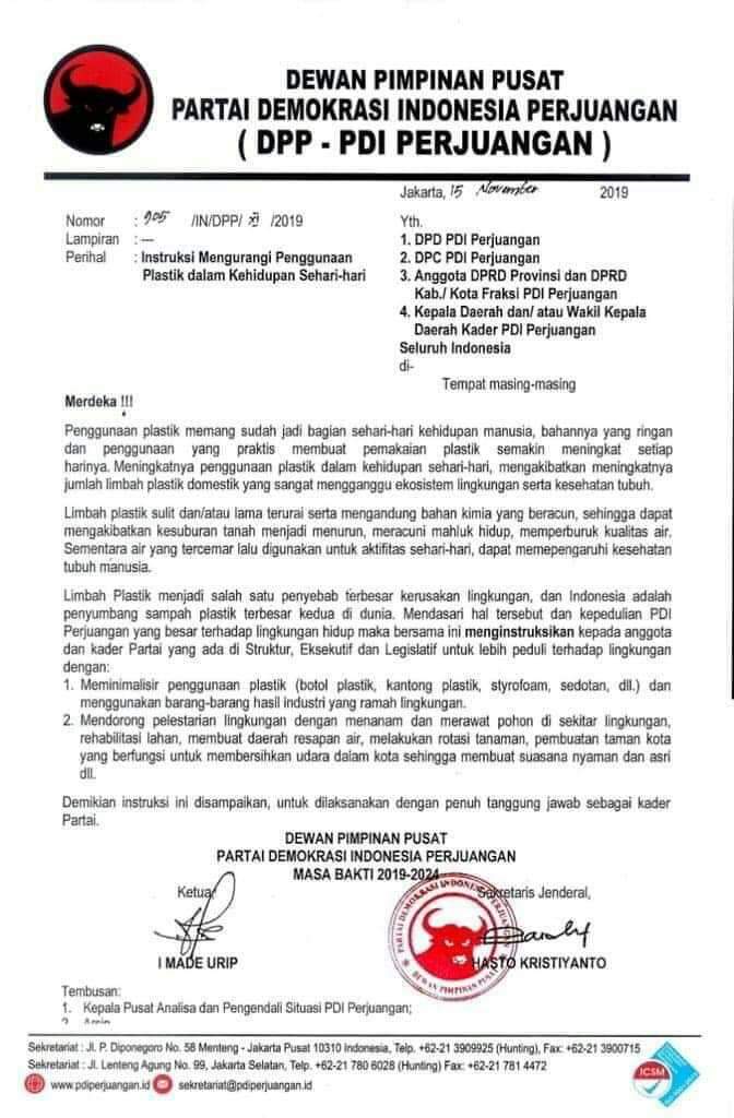 DPD PDIP Sumut, Siap Melaksanakan Instruksi DPP PDIP Mengurangi Penggunaan Plastik