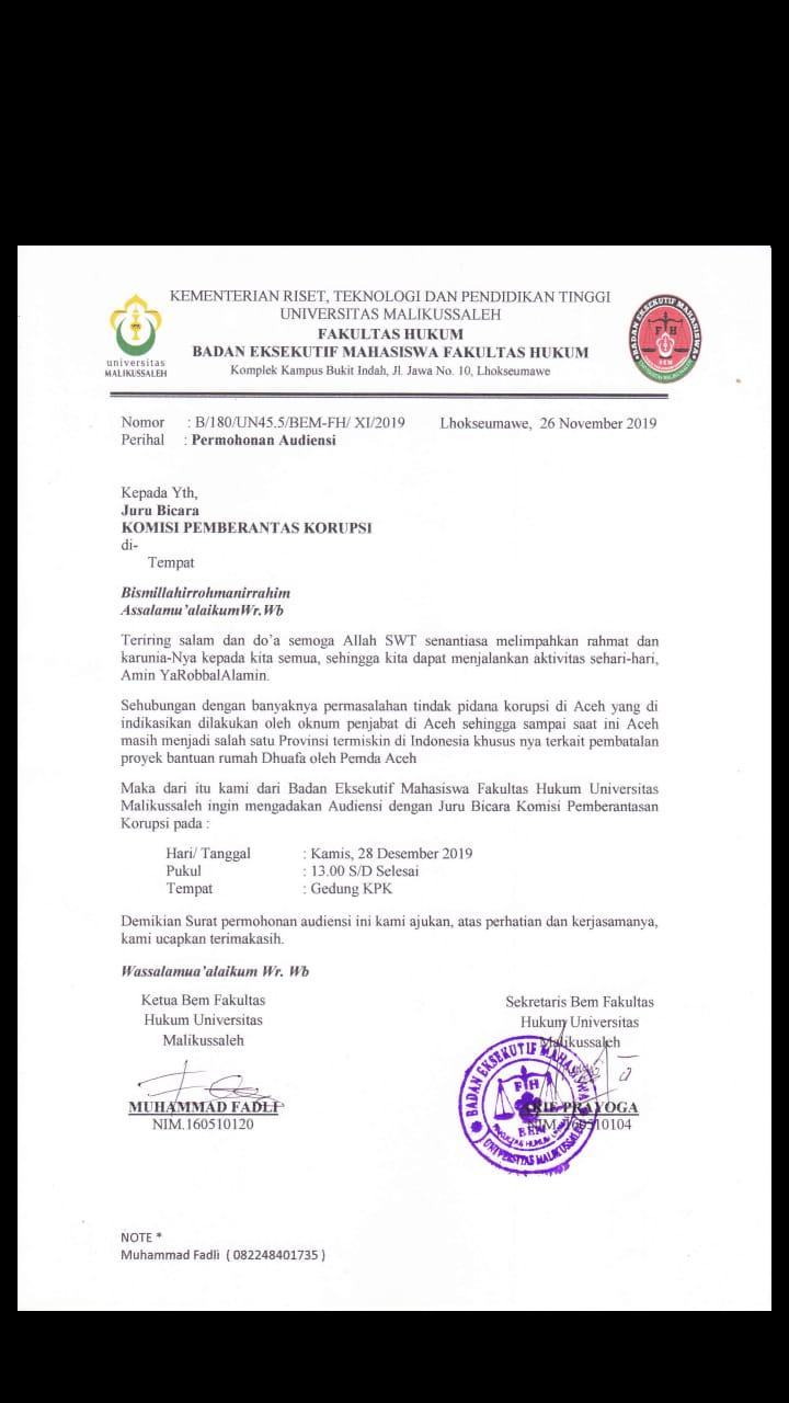 Proyek 88 M Ditunda, Bem FH Unimal Laporkan ke KPK