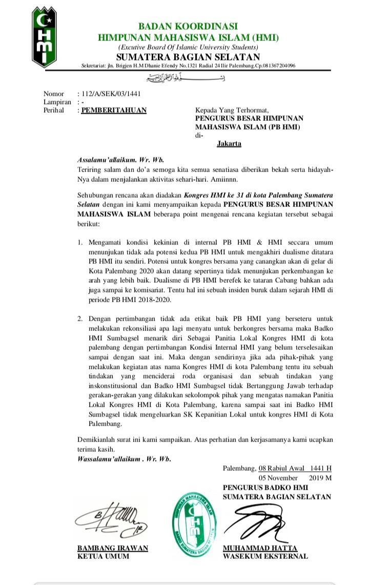 HMI Cabang Lubuklinggau, Tolak Kongres Kubu Saddam dan Arya