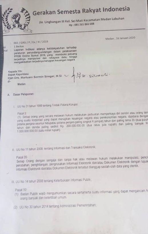 GSRI Laporkan PPDB Bergaya Online Zonaku ke Poldasu