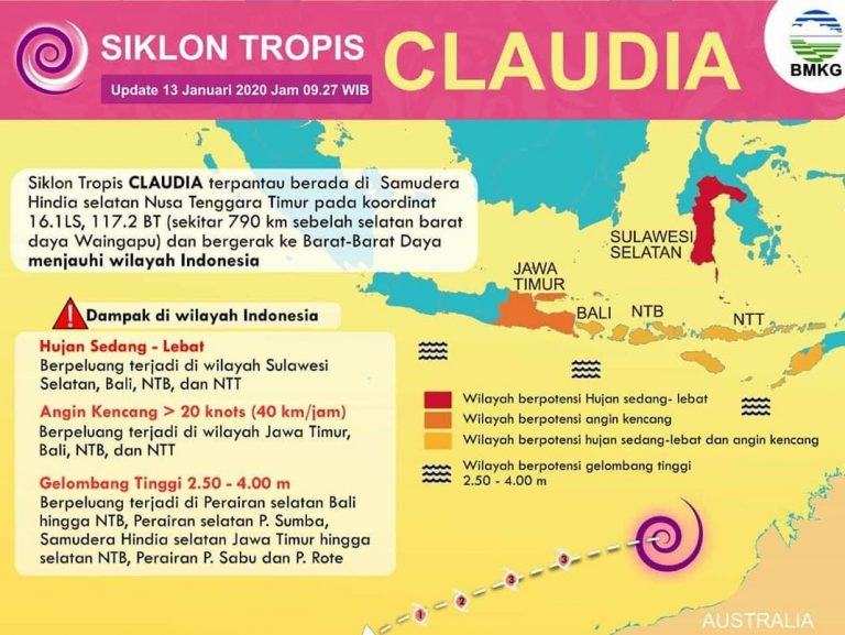 Waspada Siklon Tropis Claudia, Hujan Lebat, Kilat dan Angin Kencang hingga 15 Januari