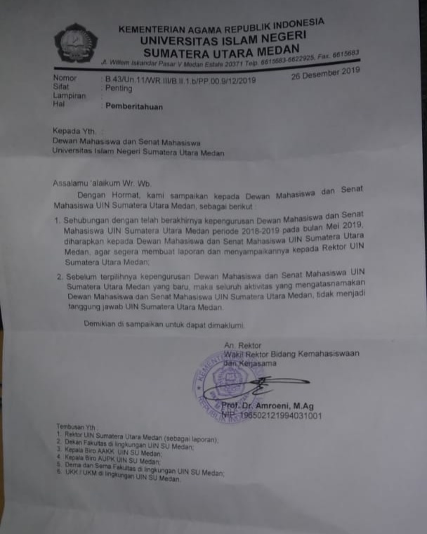 Presma UIN-SU Sudah Dibekukan