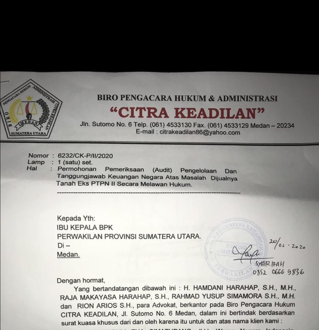 Lahan Eks HGU PTPN II, Kuasa Hukum 6 Aktivis Antikorupsi Minta BPK Audit Investigatif 
