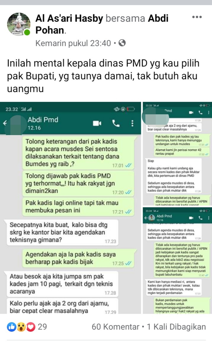 Viral di Medsos, Kadis PMD Labuhanbatu Mendadak Jadi Mediator Atas Raibnya Dana Bumdes Sei Sentosa