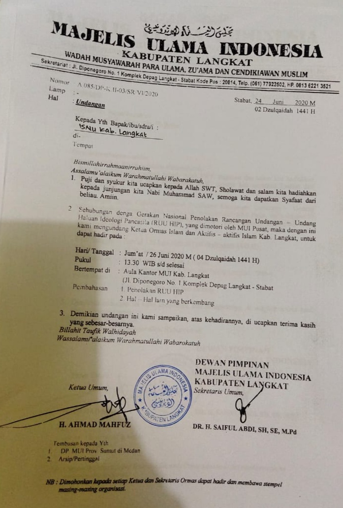 Tolak RUU HIP, MUI Langkat Undang Ormas dan Aktifis Islam