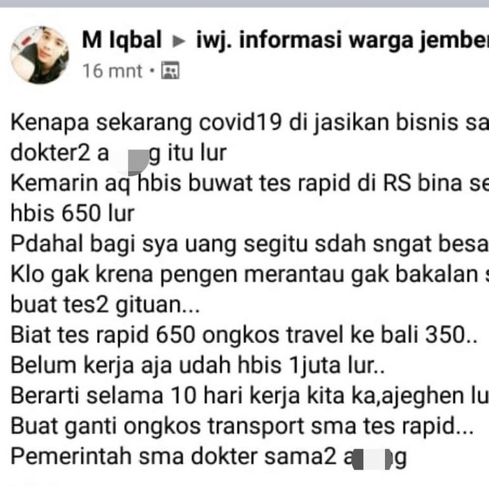 Sebut Covid-19 Jadi Ajang Bisnis Dokter, Pemilik Akun FB Ini Dilaporkan ke Polisi