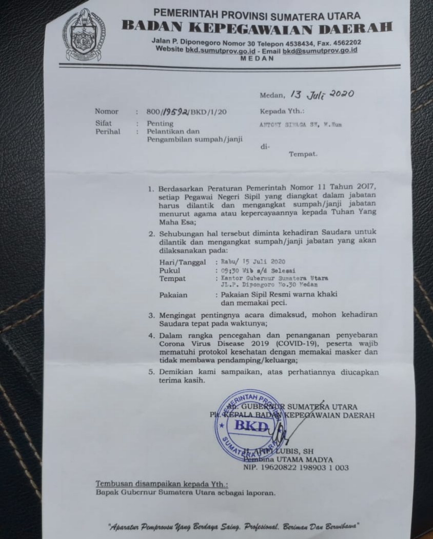 Antony Sinaga Dilantik, Gubsu Jalankan Rekomendasi KASN