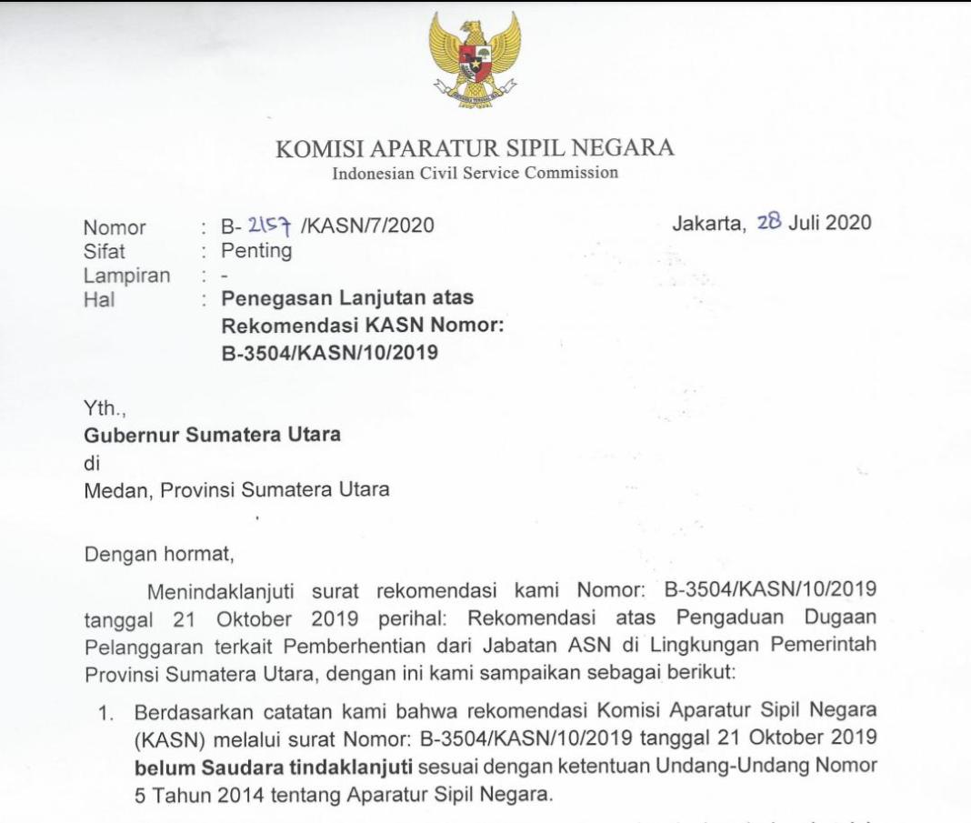 Gubsu dan Sekda Bungkam, Terkait Surat Penegasan KASN