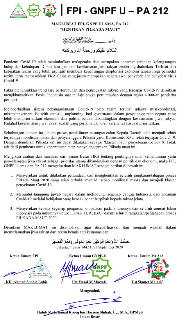 'Hentikan Pilkada Maut', Maklumat FPI, GNPF Ulama dan PA 212