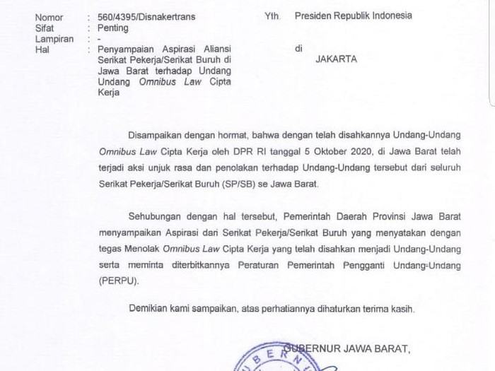 Ridwan Kamil Tolak Omnibus Law, Ini Isi Surat untuk Jokowi