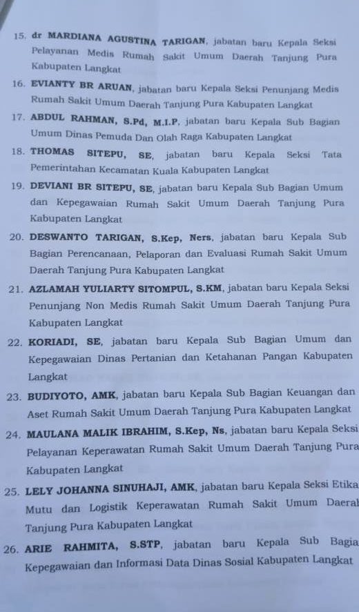 Nama-Nama Pejabat Eselon dan Pejabat Fungsional Pemkab Langkat Dilantik