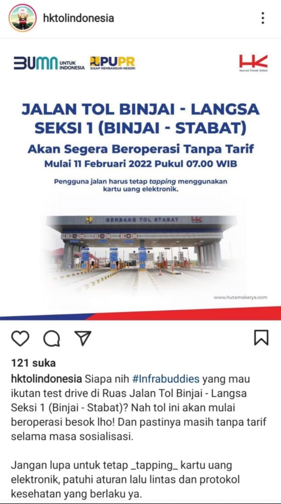 Jalan Tol Binjai-Stabat Mulai Beroperasi Gratis