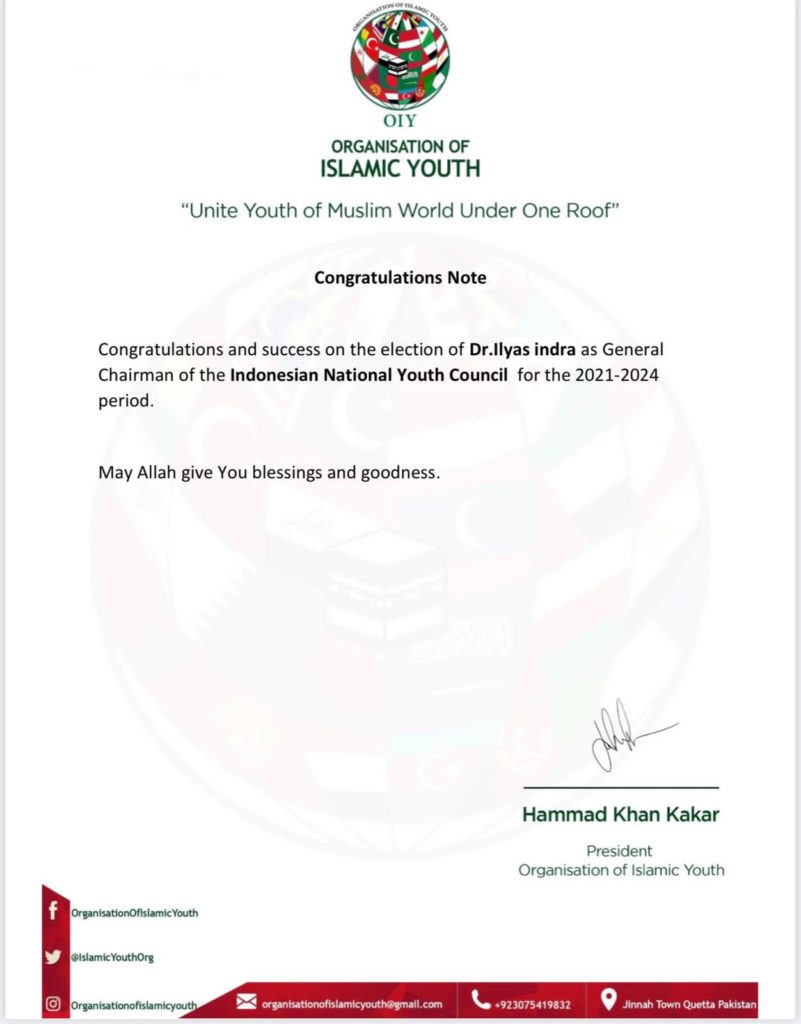 Ketum DPP KNPI Dr Ilyas Indra Dapat Dukungan dari President Organisation Of Islamic Youth : KNPI Harus Bangun Jaringan Internasional