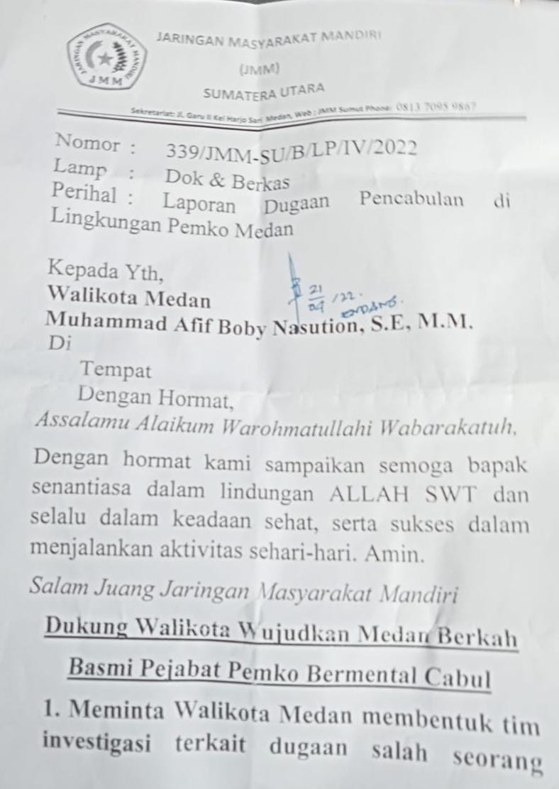 Oknum Kabid Cabul, Masyarakat Lapor ke Walikota Medan