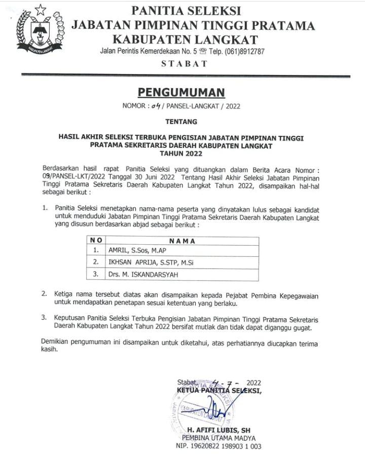 Seleksi Sekda Langkat