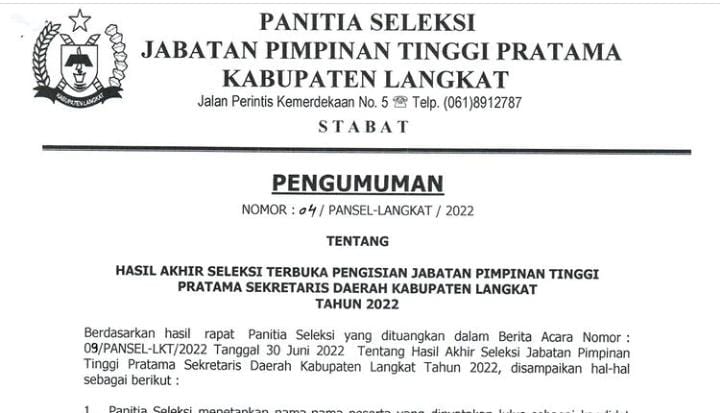 Tiga Nama Lulus Seleksi Akhir Sekda Langkat