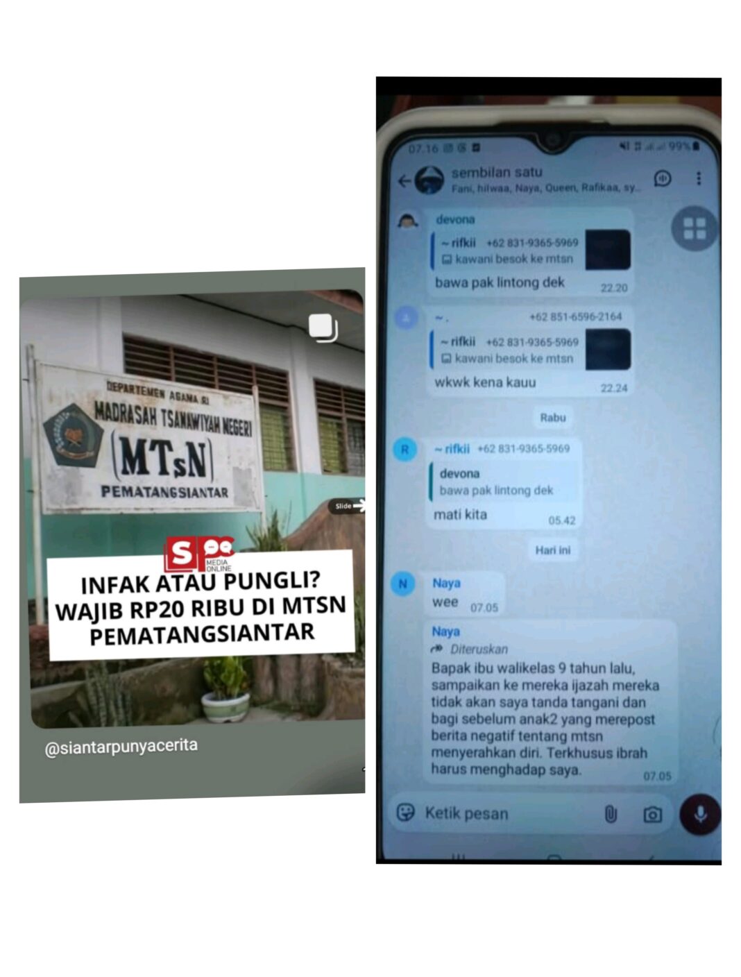Pesan pengancaman diduga dari kepala madrasah
