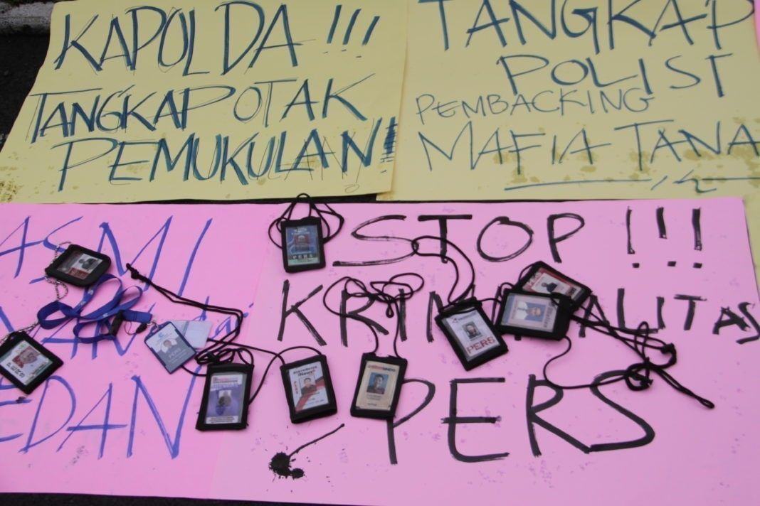 Unjuk rasa Juranalis Kota Medan mengecam tindakan penganiayaan terhadap kontributor I News TV Adi Palapa Harahap