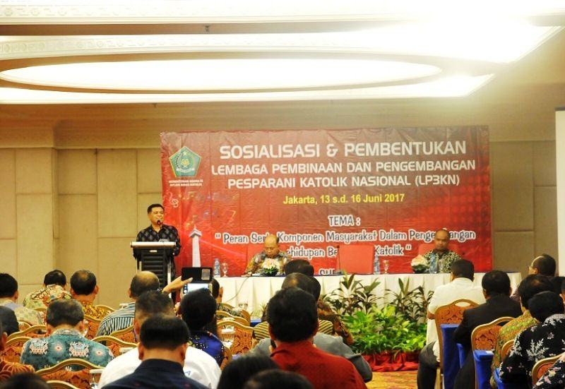 Foto: Dirjen Bimas Katolik Esusabius Binsasi pada Pertemuan Pembentukan Pengurus LP3K (Munas) dihadiri oleh unsur Pemerintah dan Gereja Katolik seluruh Indonesia.