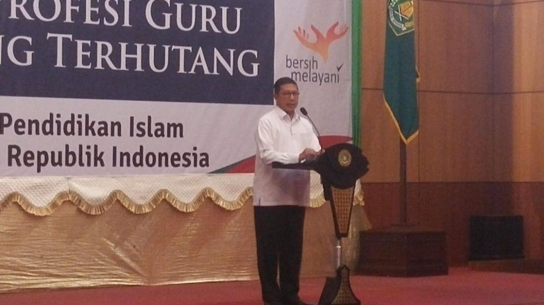 Foto: Menag Lukman Hakim Saifuddin menyampaikan arahan pada Rakornas Optimalisasi Pencairan TPG dan Inpasing Terhutang di Jakarta, Kamis (28/9) .