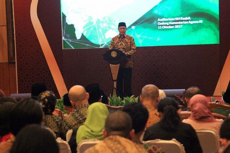 Foto: Menteri Agama (Menag) Lukman Hakim Saifuddin beri sambutan pada Peresmian BPJPH di Jakarta.