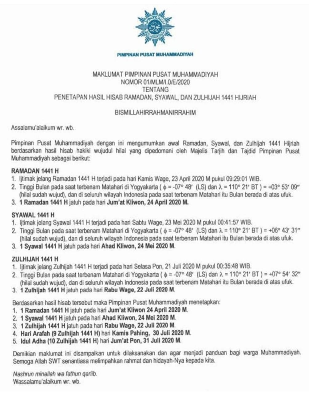 PP Muhammadiyah, Tetapkan 1 Ramadha 24 April, Hari Raya 24 Mei 2020