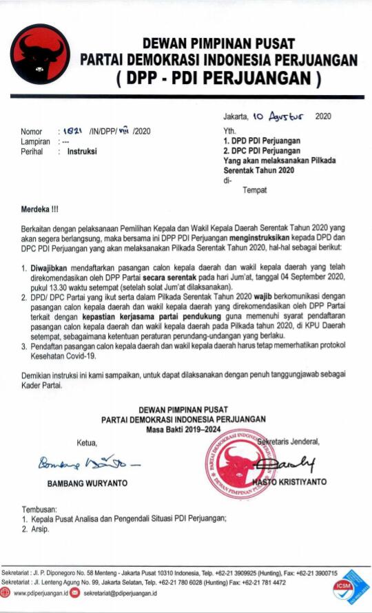 DPP PDI Perjuangan, Surat Instruksi Terkait Pilkada Serentak 2020