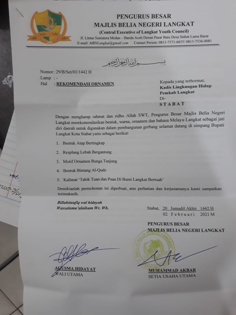 Tak Hanya Kritis, PB MBN Resmi Rekomendasikan Ornamen Melayu di Gerbang Simpang Bupati Stabat ke Pemkab Langkat
