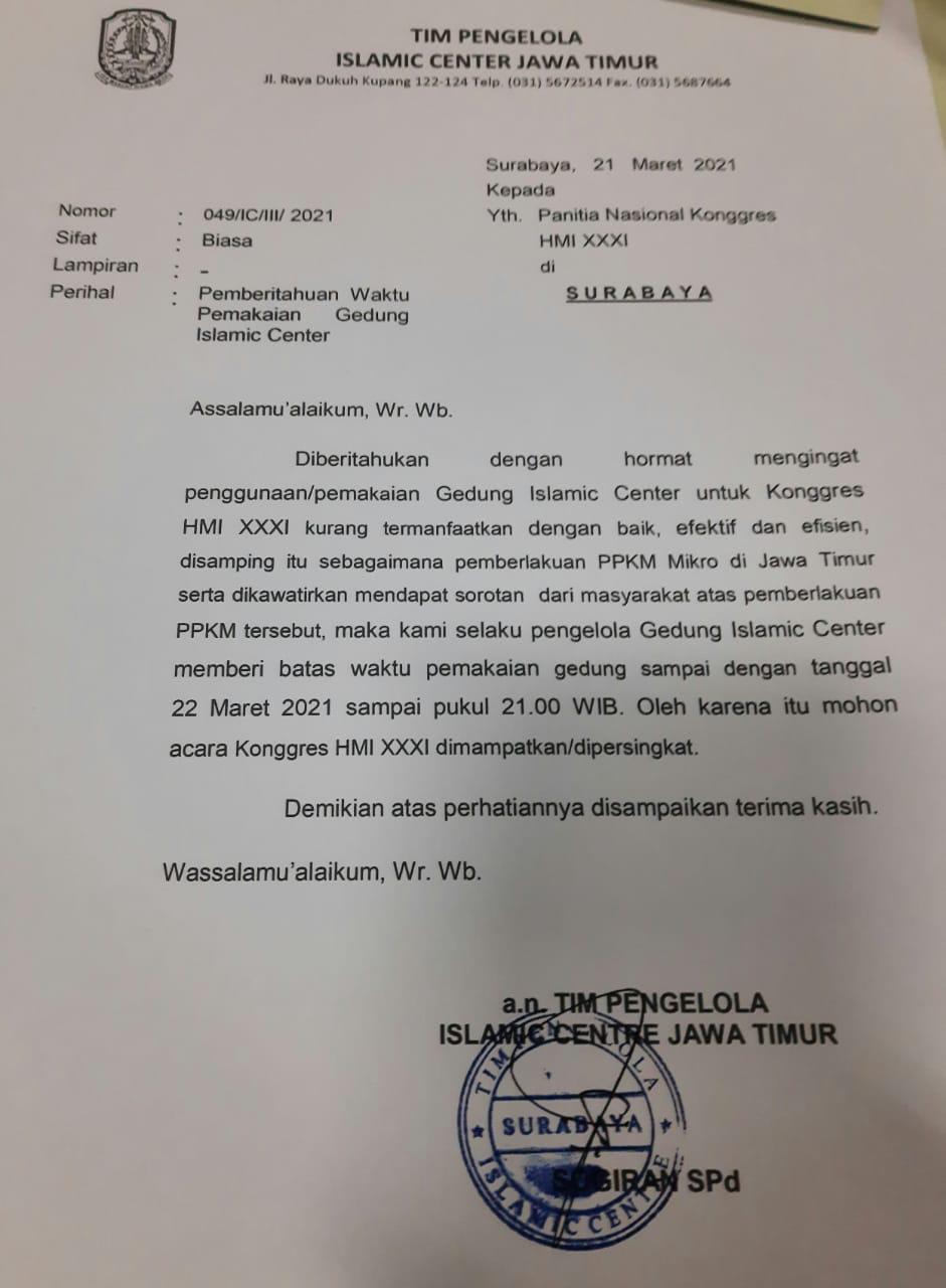 Panitia Kongres HMI di Surabaya, Dapat Kiriman Surat dari Pengelola Islamic Center