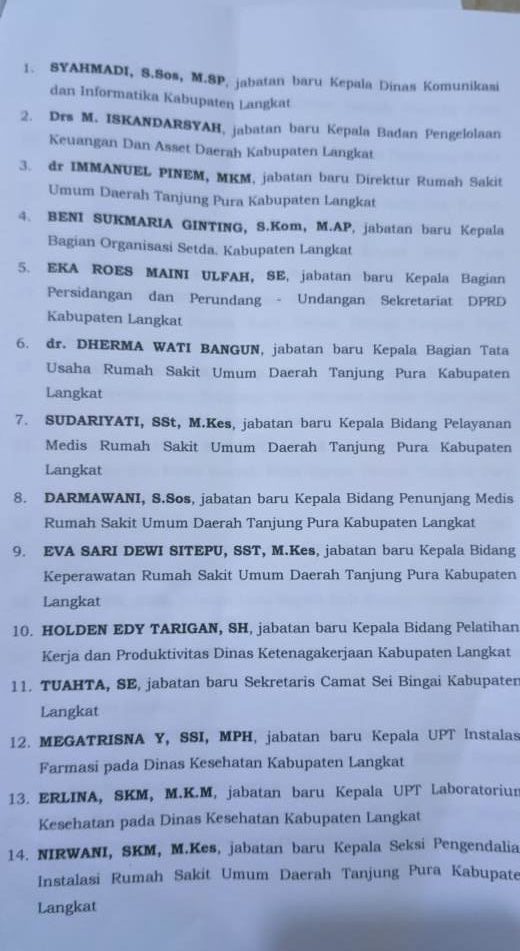 Berikut Nama-Nama 42 Pejabat Eselon dan 191 Pejabat Fungsional Pemkab Langkat Dilantik